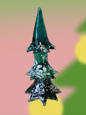 Hand Blow 5 Inch Glass Christmas Tree Deep Green With White Speckles Table Top